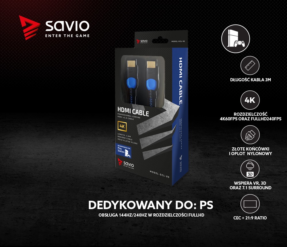 Kabel HDMI 2.0 dedykowany do Playstation niebiesko-czarny 3m, GCL-05